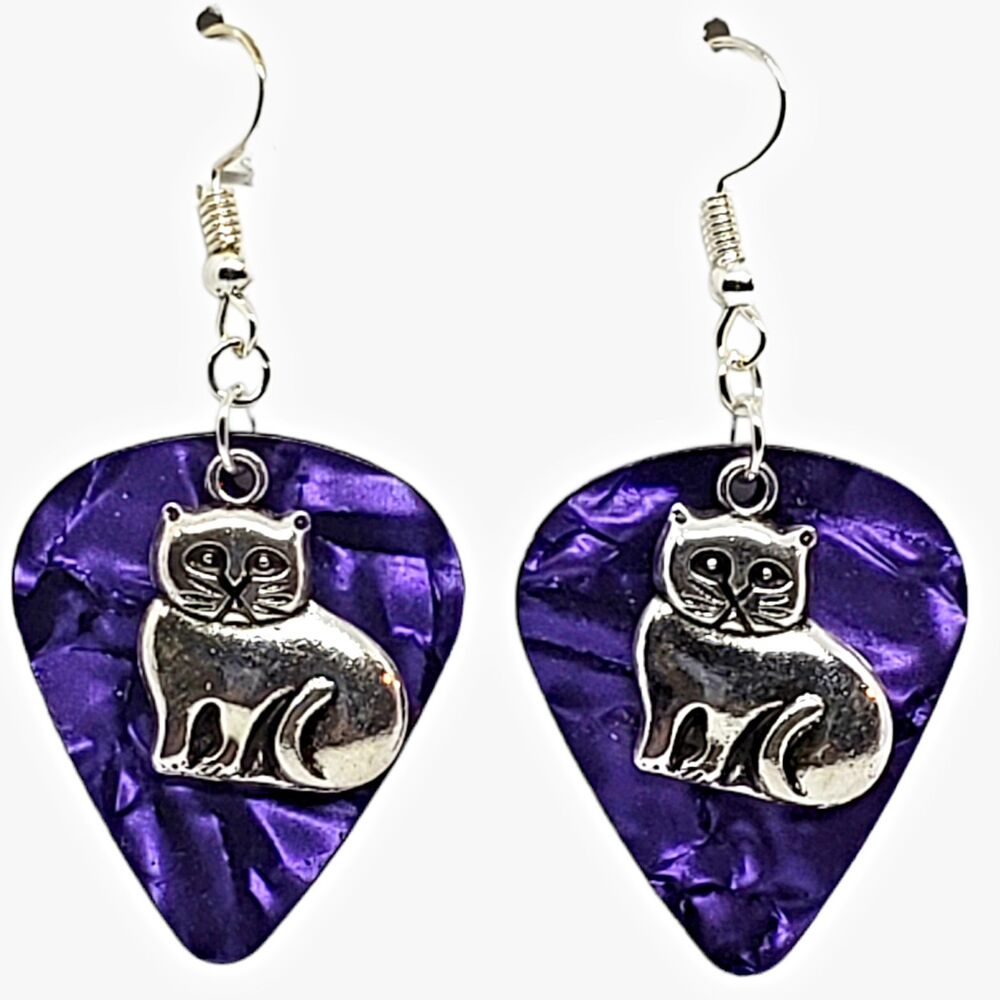 Fat Cat Kitten Charm on Guitar Pick Earrings - Choose Color - Handmade in USA